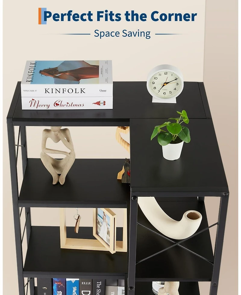 gaomon 7 Tier Industrial Corner Bookshelf Wood and Metal Frame Large Bookcase, Freestanding Display Shelf for Living Room, Kitchen, Home Office