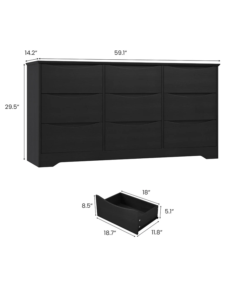 homfan 9-Drawer Wooden Dresser, Tall Modern Chest with Deep Storage, Wide Top Long Dresser for Bedroom, Living Room, Hallway, Kids Room