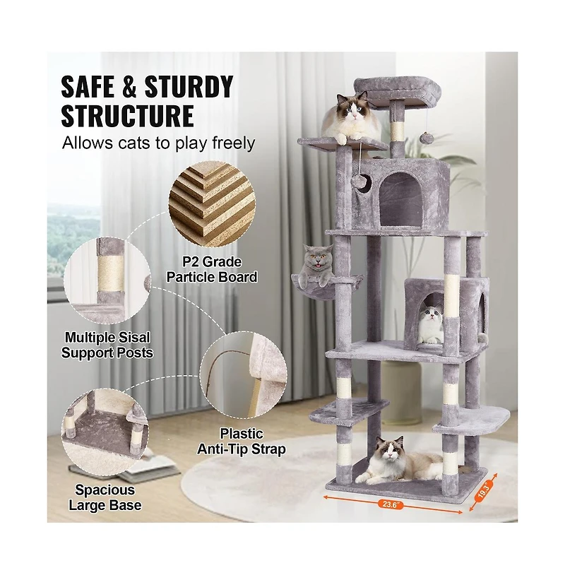 Ruie 68.5 Inch Multi Level Cat Tree with 2 Condos Hammock and Sisal Posts