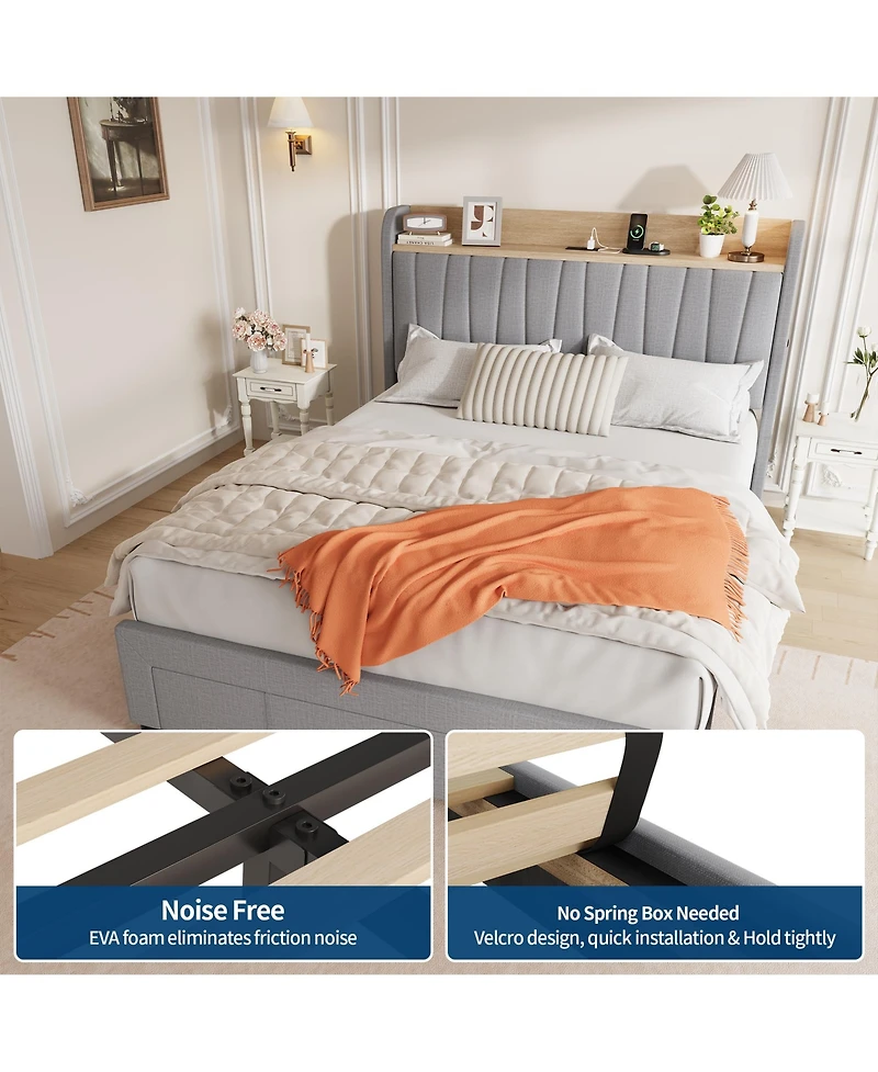 homfan Upholstered Bed Frame with Storage Headboard, Charging Station, Underbed Drawers, Wood Slat Support, No Box Spring Needed