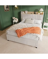 homfan Upholstered Bed Frame with Storage Headboard, Charging Station, Underbed Drawers, Wood Slat Support, No Box Spring Needed