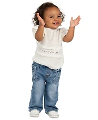 Rare Editions Baby Girls' Crochet Knit Short-Sleeve Sweater and Bow Print Pant, 2- Piece Set