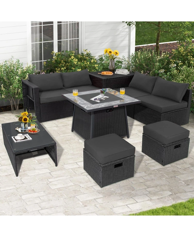 Gouun 9 Piece Outdoor Wicker Sectional Conversation Set with 35 50000 Btu Gas Fire Pit Table