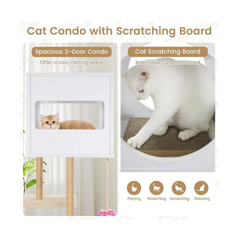 Ruie Tall Wood Cat Tower with 2-Door Condo and Corrugated Scratching Cardboard