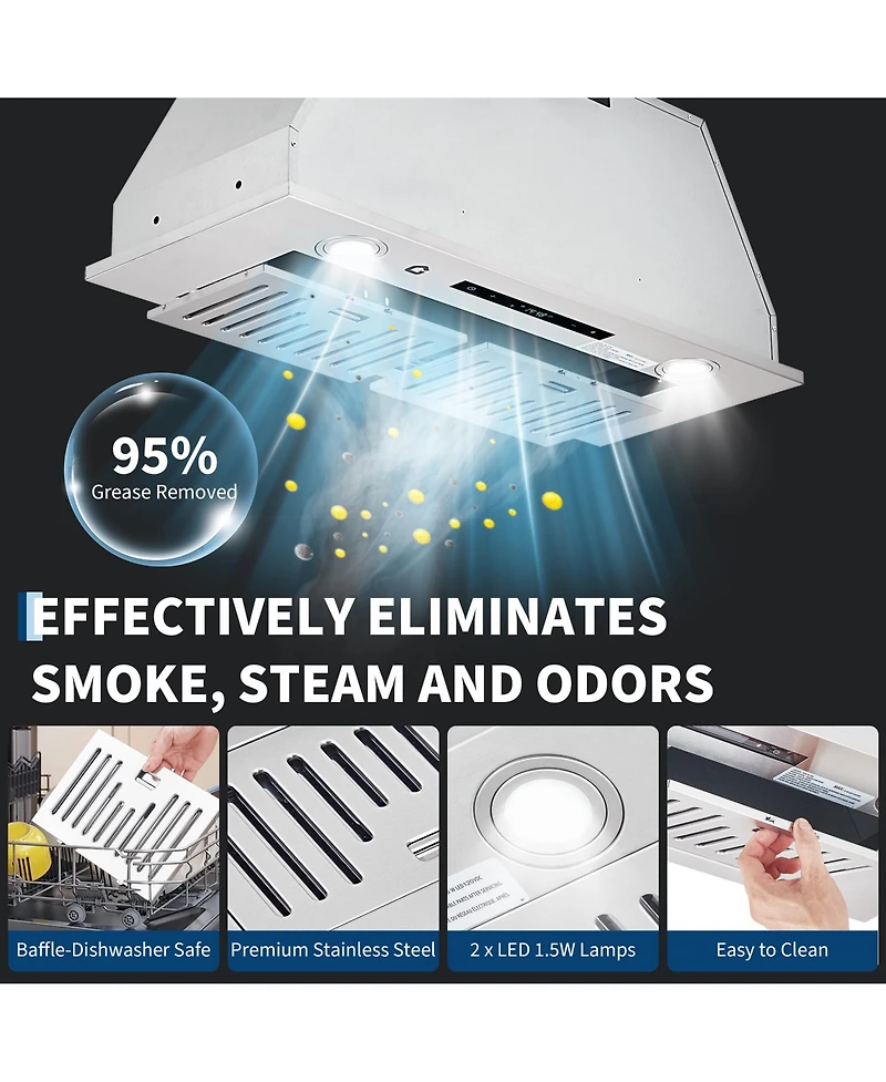 Xo Powerful 450 Cfm Built-In Range Hood Insert - 3-Speed Touch and Gesture Control - Remote
