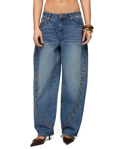 Edikted Womens Button Stitch Low Rise Barrel Jeans