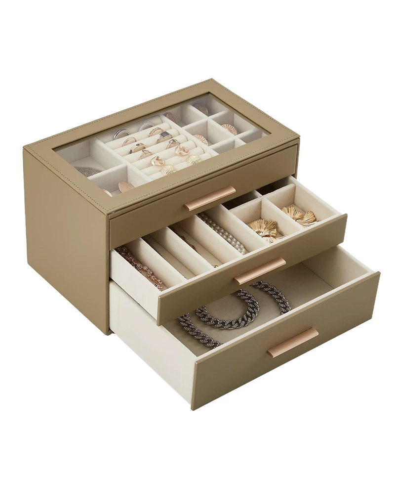 gaomon 3-Tier Jewelry Box with Glass Lid, 3 Drawers, Pearl Velvet Lining, Pu Leather, for Dresser and Vanity