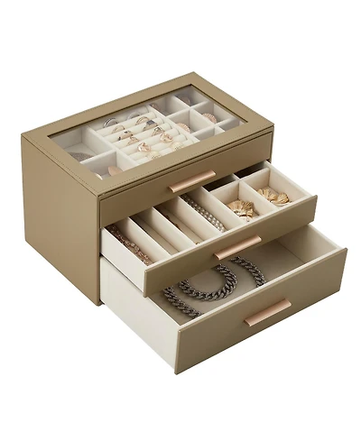 gaomon 3-Tier Jewelry Box with Glass Lid, 3 Drawers, Pearl Velvet Lining, Pu Leather, for Dresser and Vanity
