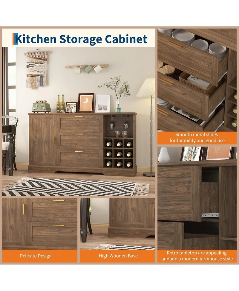 gaomon 63 Inch Farmhouse Sideboard with Wine Racks, Mdf Buffet Cabinet, Drawer and Adjustable Shelves, for Kitchen Dining Room