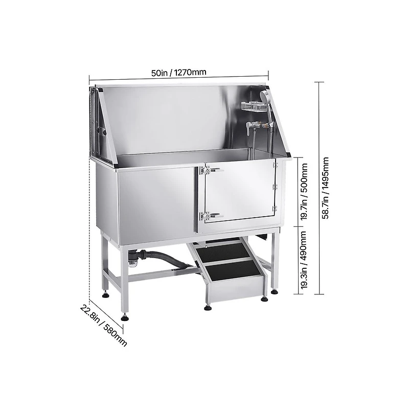 Ruie 50 inch Stainless Steel Dog Bathtub with Ramp Pe Filter Board and Showerhead Right