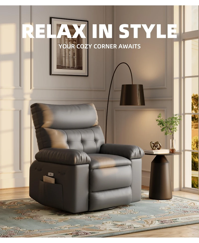 gaomon 360 Swivel Manual Recliner Chair, Pu Leather Single Sofa Seat with Side Pocket, 135 Degree Recline, for Living Room Bedroom