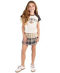 Tween Diva Girls' 7-16 Graphic Raglan T-Shirt, Mixed Plaid Tiered Skort and necklace, 3-Piece Set