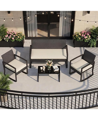 gaomon 4 Piece Pe Rattan Patio Furniture Set Outdoor Rocking Chair Conversation Set with Coffee Table and Soft Cushions All-Weather Wicker