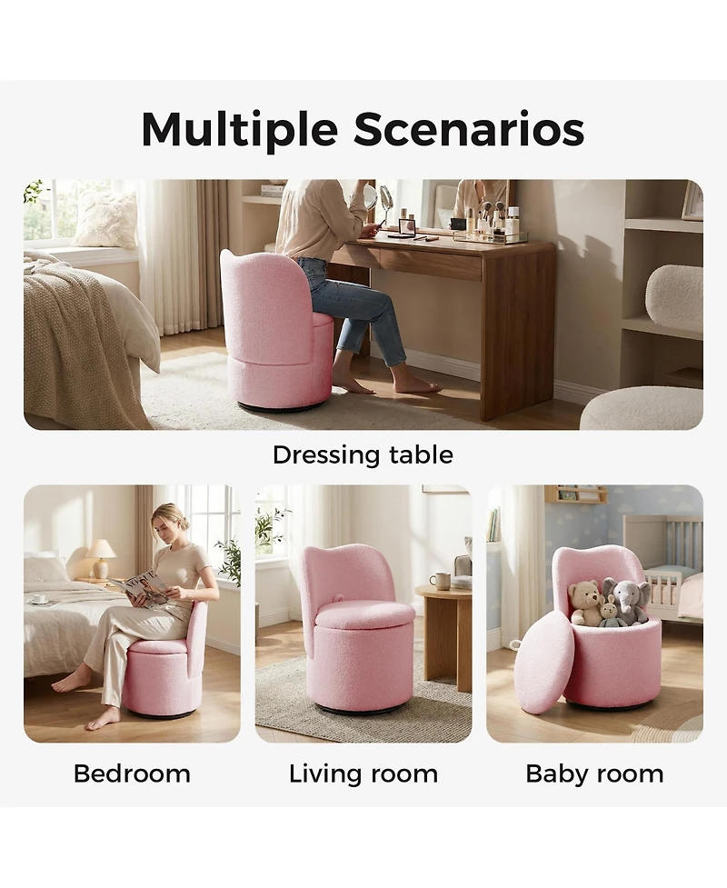 GarveeLife Swivel Barrel Vanity Chair with Hidden Storage - Upholstered Cuddly Sherpa Stool - Padded Seat and Backrest