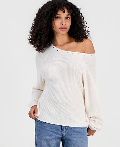 Rebellious One Juniors' Grommet Boat-Neck Sweater