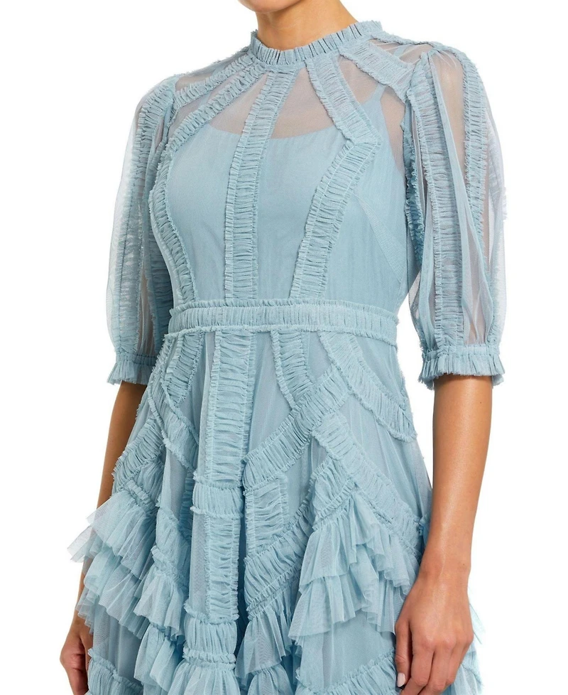 Mac Duggal Petite Illusion High Neck Tiered Ruffle A-Line Midi Dress