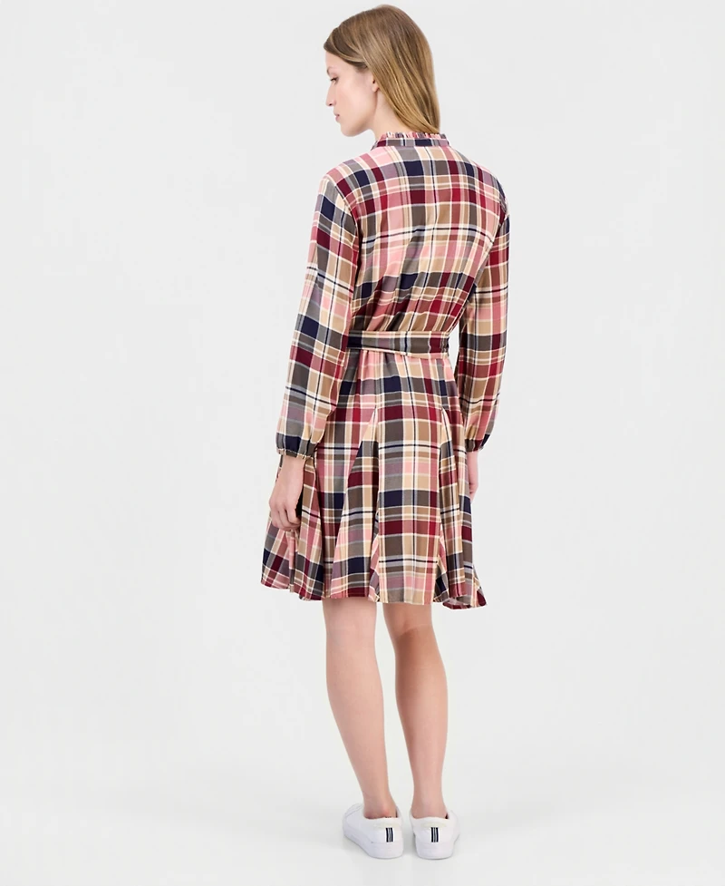 Nautica Women's Plaid Ruffled-Neckline Long-Sleeve Shirtdress