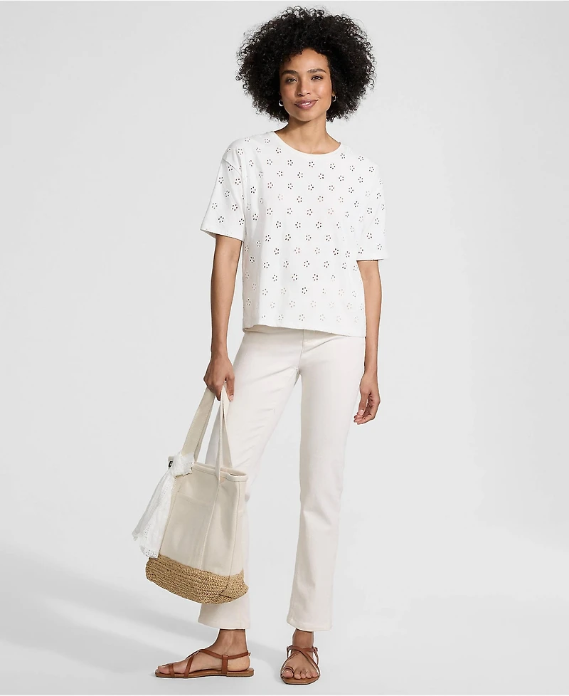 Lands' End Women's Short Sleeve Eyelet Crewneck T-Shirt