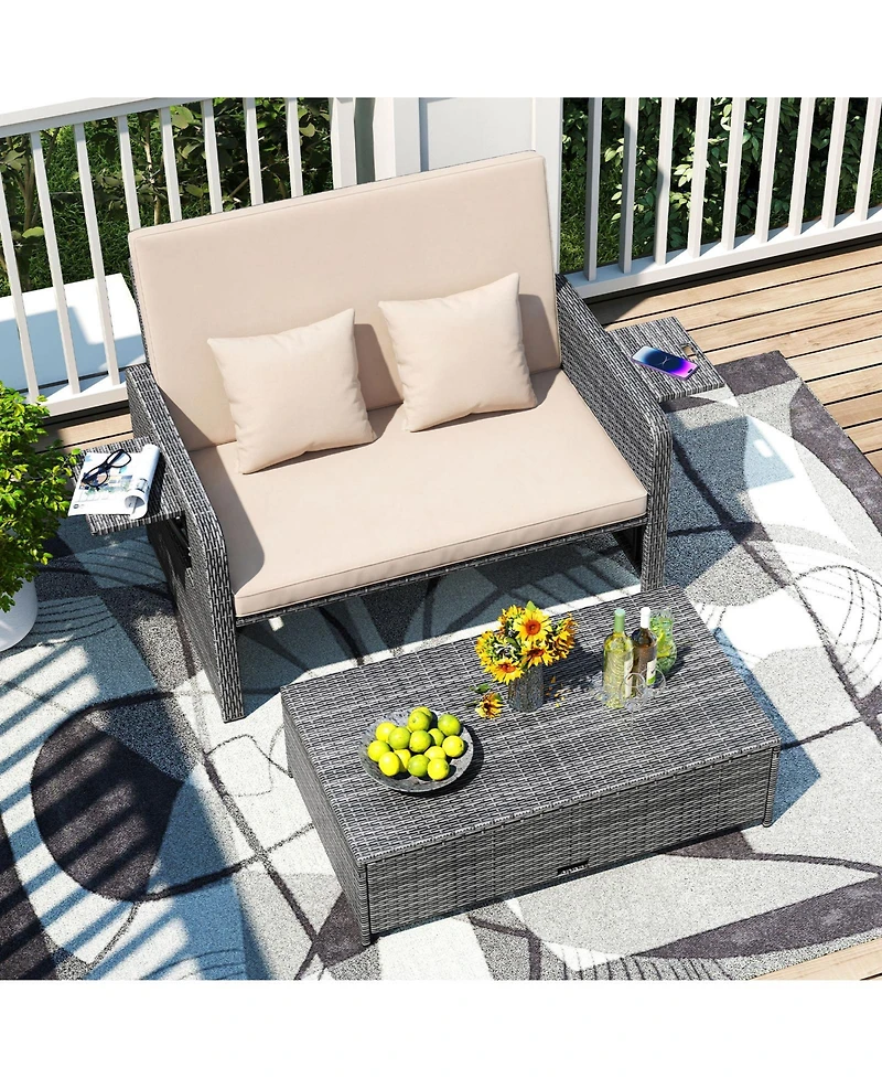 Gymax Rattan Daybed Loveseat Sofa Set with Ottoman and Retractable Side Tray, Patio Furniture