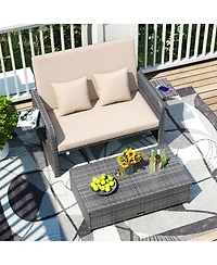 Gymax Rattan Daybed Loveseat Sofa Set with Ottoman and Retractable Side Tray, Patio Furniture