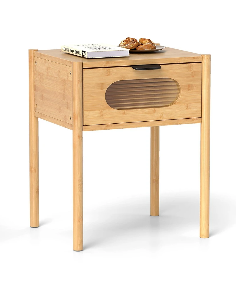 Gymax Bamboo Nightstand Farmhouse Bedside Table w/ Tempered Glass Decorated Drawer