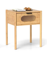 Gymax Bamboo Nightstand Farmhouse Bedside Table w/ Tempered Glass Decorated Drawer