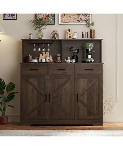 homfan 47in Farmhouse Entryway Storage Cabinet with Microwave Stand Adjustable Shelves, 3 Drawers, Barn Door, Wooden Sideboard Buffet for Kitchen