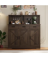 homfan 47in Farmhouse Entryway Storage Cabinet with Microwave Stand Adjustable Shelves, 3 Drawers, Barn Door, Wooden Sideboard Buffet for Kitchen