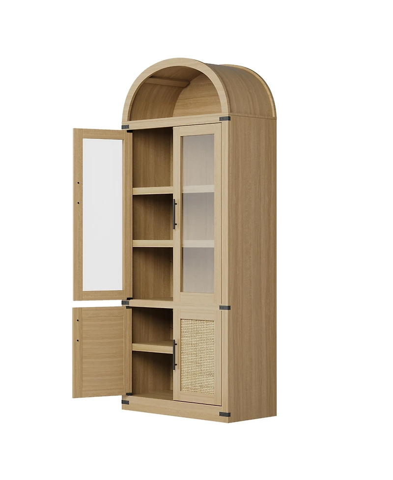 Gaomon 71.6" Farmhouse Arched Bookcase with Glass Doors and Rattan Accents, Tall Wood Storage Cabinet with 4-Tier Display Shelves for Living Room