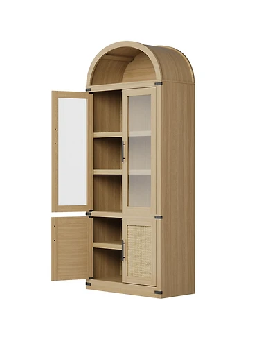 Gaomon 71.6" Farmhouse Arched Bookcase with Glass Doors and Rattan Accents, Tall Wood Storage Cabinet with 4-Tier Display Shelves for Living Room