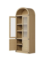 Gaomon 71.6" Farmhouse Arched Bookcase with Glass Doors and Rattan Accents, Tall Wood Storage Cabinet with 4-Tier Display Shelves for Living Room