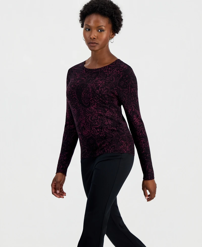 I.n.c. International Concepts Petite Paisley Long-Sleeve Crewneck Sweater, Macy's Exclusive