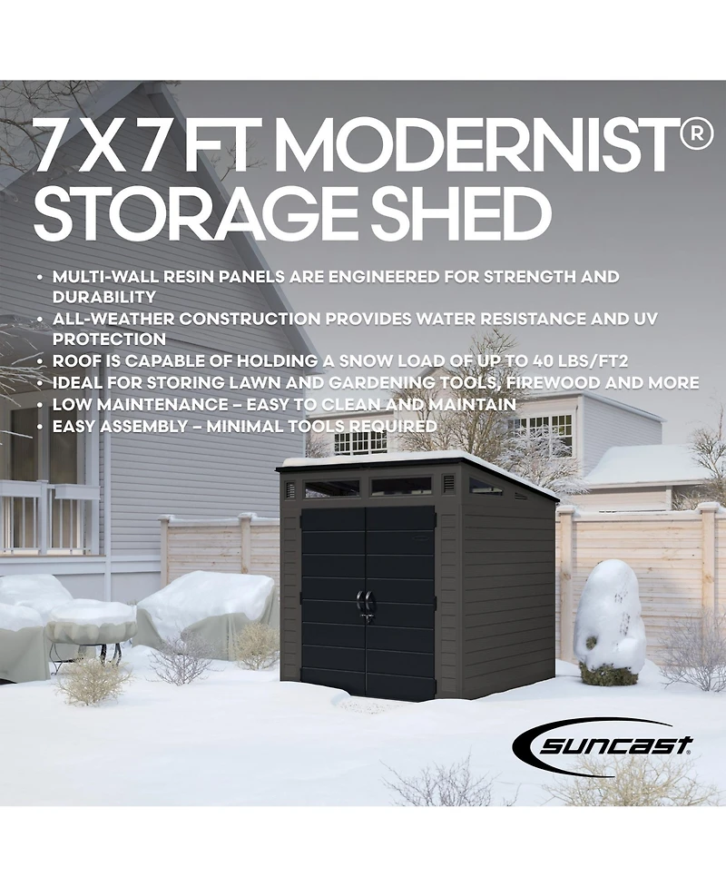 Suncast Modernist 7 f. x 7 Feet. Storage Shed With 317 Cubic Feet Of Storage Space