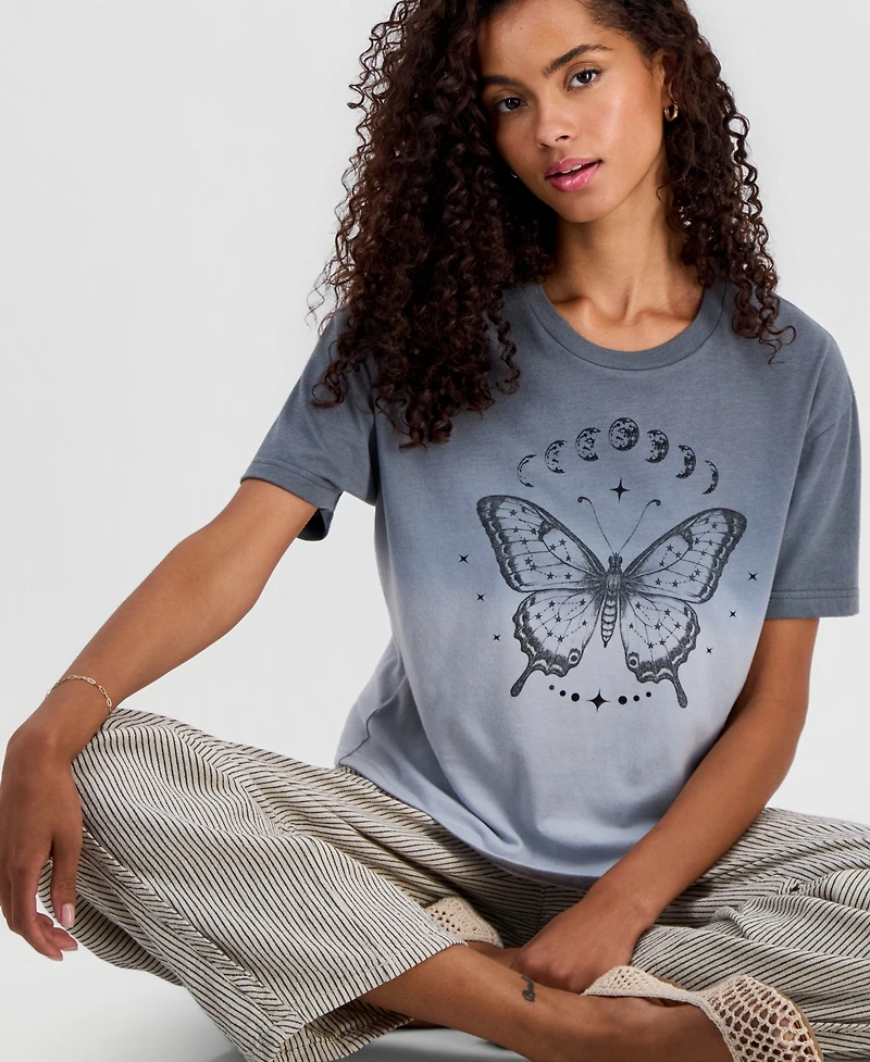 Rebellious One Juniors' Butterfly Moon Graphic Print T-Shirt