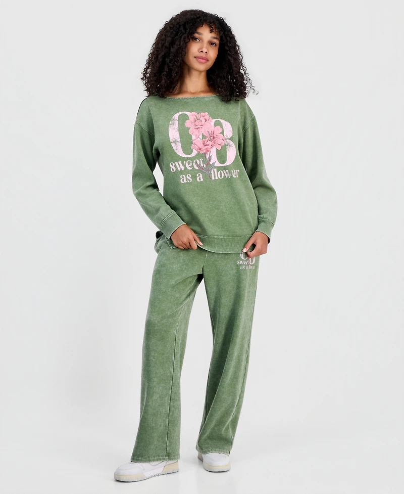 Rebellious One Juniors' Sweet Flowers Boat-Neck Fleece Sweatshirt