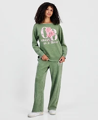 Rebellious One Juniors' Sweet Flowers Boat-Neck Fleece Sweatshirt