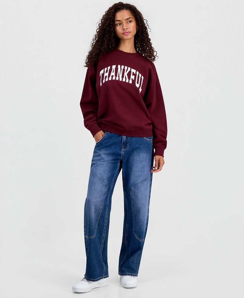 Hooked Up by Iot Juniors' Thankful Embroidered Sweatshirt