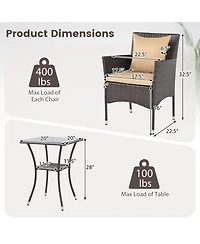 3 Pcs Patio Furniture Set witn Cushioned Chairs & Tempered Glass Coffee Table