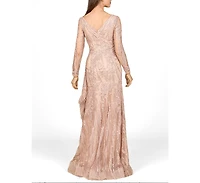 Lara Women's Long Sleeve V-Neck Lace Gown with Feathers
