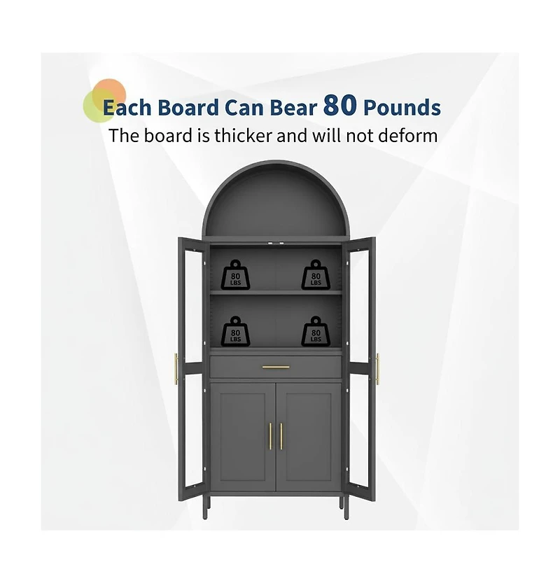 gaomon 73 Inch Arched Cabinet with Glass Doors, Metal Kitchen Pantry with Storage Drawer and 2 Adjustable Shelves, Modern Display Bookcase