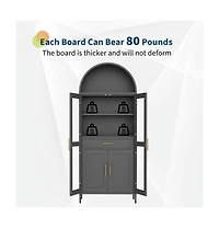 gaomon 73 Inch Arched Cabinet with Glass Doors, Metal Kitchen Pantry with Storage Drawer and 2 Adjustable Shelves, Modern Display Bookcase
