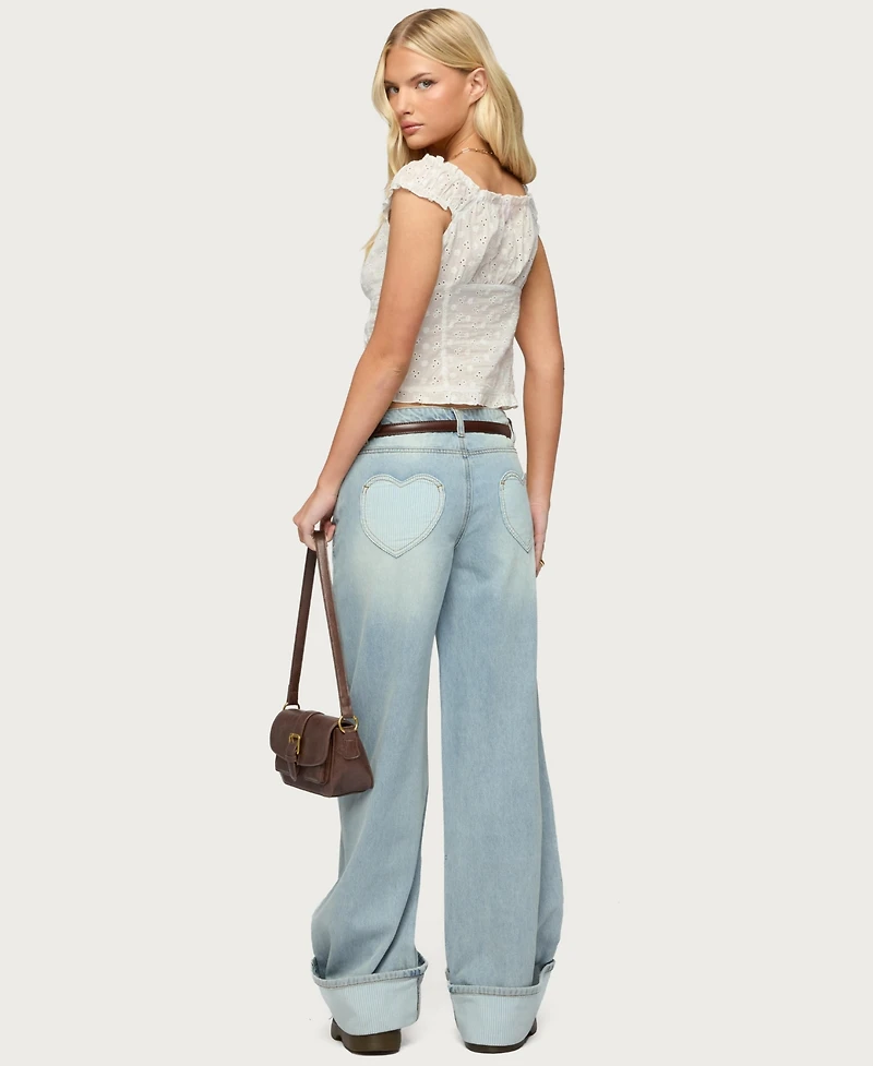 Edikted Women's Contrast Heart Low Rise Baggy Jeans