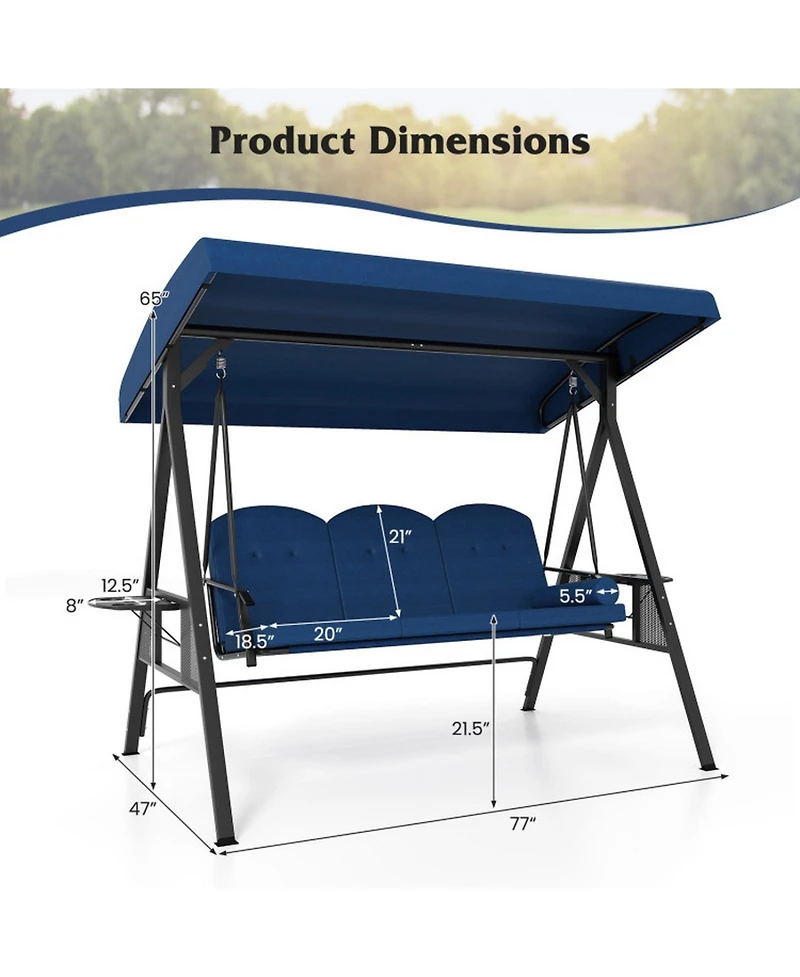 Gouun 3-Seat Outdoor Patio Porch Swing Chair with Adjustable Canopy, Cushions, Pillow and Side Trays
