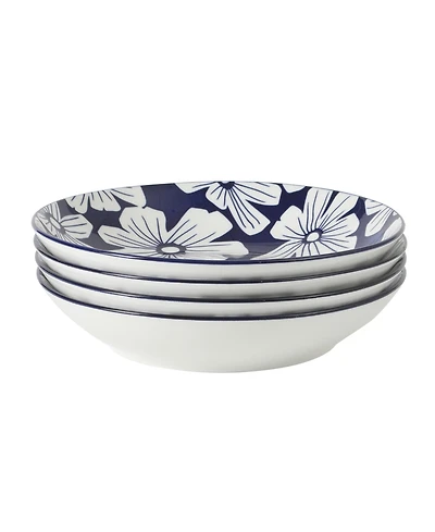 Gibson Home Heritage Sky 4-Piece Pasta Bowl Set, 8 Inch Round Stoneware Bowls, Floral Design, Decorative Everyday Use