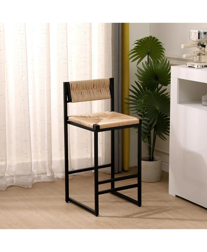 Flynama Set Of 2 Hand Woven Paper Rope Bar Stools with Backrest Metal Frame Modern Dining Chairs for Kitchen Island Counter