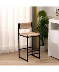 Flynama Set Of 2 Hand Woven Paper Rope Bar Stools with Backrest Metal Frame Modern Dining Chairs for Kitchen Island Counter