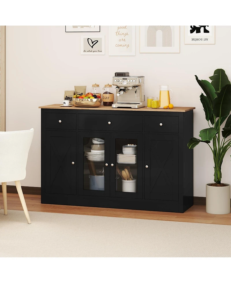 Gouun 55 Inch Large Buffet Sideboard with 3 Drawers and 2 Glass Doors