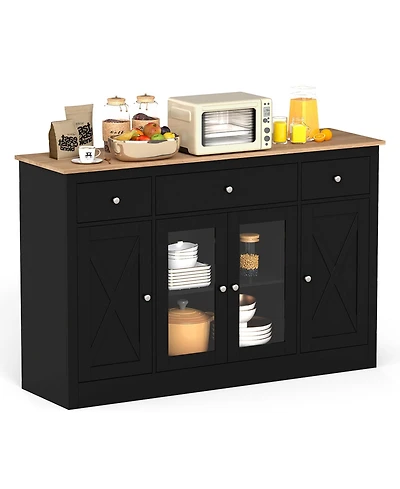 Gouun 55 Inch Large Buffet Sideboard with 3 Drawers and 2 Glass Doors