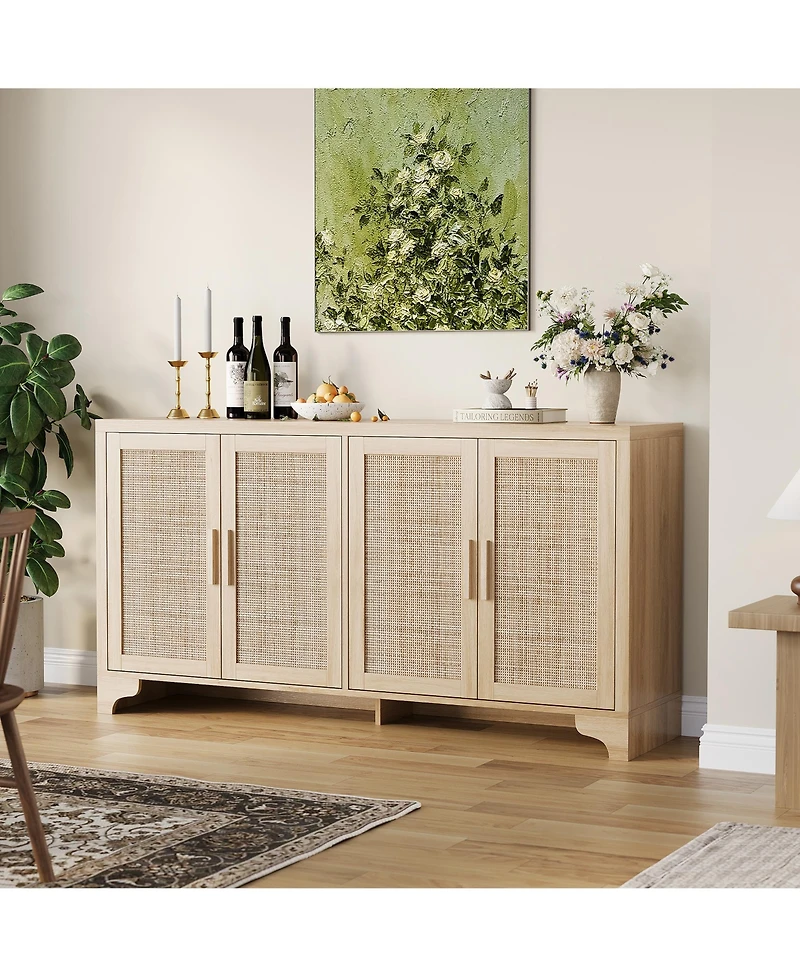 homfan 62.2 Inch Woven Buffet Sideboard, 4-Door Storage Cabinet with Shelves, Modern Farmhouse Wooden Console Table