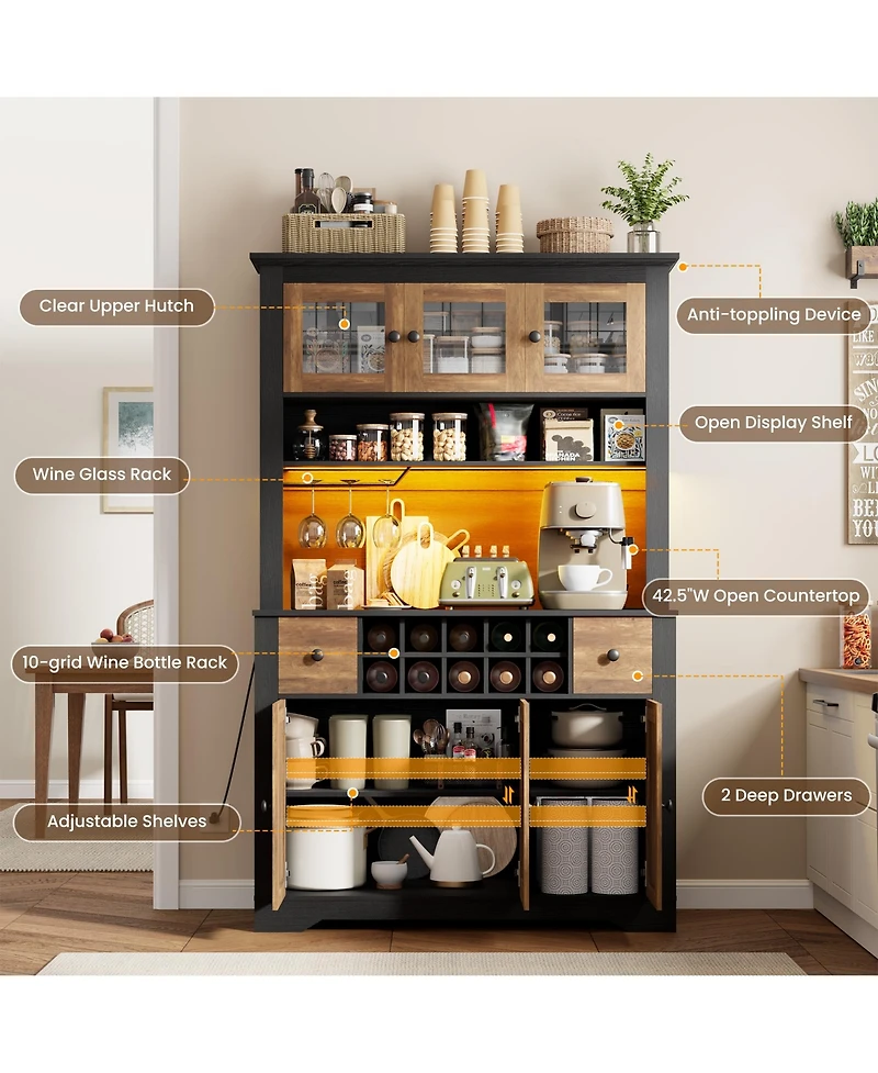 homfan 68.7 Inch Kitchen Pantry Cabinet with Led Lights and Charging Station, Large Hutch Wine Rack Adjustable Shelves
